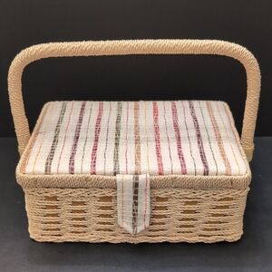 VGT,Dritz Woven/Wicker Small Sewing Basket with Striped Fabric.